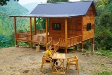 Building a Wooden House (CABIN), Make a table and chairs set for the porch | Hoang Huong