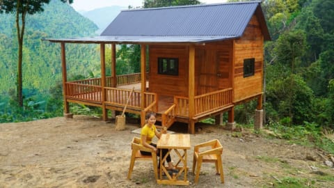 Building a Wooden House (CABIN), Make a table and chairs set for the porch | Hoang Huong