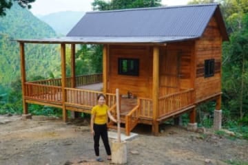 Building a Wooden House (CABIN), make a mortar and pound rice, gardening Hoang Huong