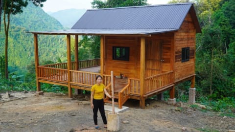 Building a Wooden House (CABIN), make a mortar and pound rice, gardening Hoang Huong