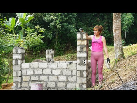 Building complete pigs house - roofed with palm leaves - Building farm in the forest