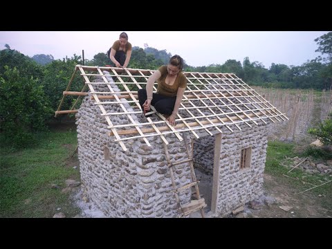 How To Building Stone House, Build Bamboo Roof - Build Log Cabin - Green Forest Farm, Free Bushcraft