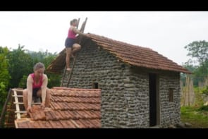 How To Building Stone House Log Cabin, Build Clay Bricks Roof - Green Forest Farm, Free Bushcraft