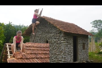 How To Building Stone House Log Cabin, Build Clay Bricks Roof - Green Forest Farm, Free Bushcraft