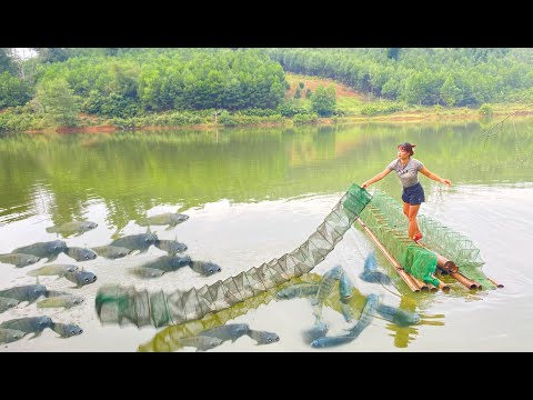 The trap net for catching fish on the lake. Grinding corn and rice for chicken and pig feed