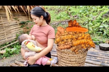 Harvesting Turmeric Roots to sell, Sewing torn Pants for your child, Cooking, Fertilizing the Garden