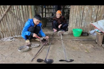 Orphan Boy - With the old lady repairing the electric appliance, pulling the electricity home