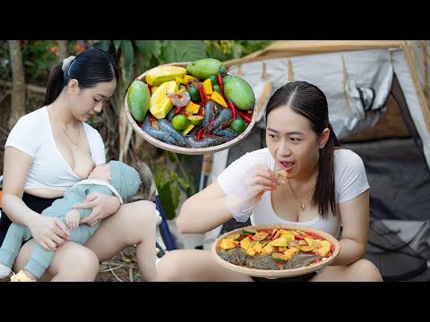 Camping in the forest with baby and Mukbang Shrimp raw with Chili super spicy sauce