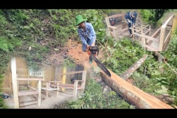 Cut hardwood to make wooden tables and chairs build a wooden house alone in the middle of the forest