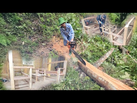 Cut hardwood to make wooden tables and chairs build a wooden house alone in the middle of the forest