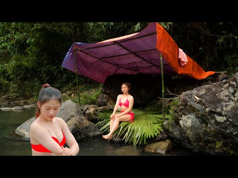 Solo Camping - YOUNG GIRL SWIMMING IN THE NATURE POOL & ASMR Nature Sounds | ASMR CAMP